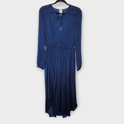 Joie Rheia Satin Long Sleeve Pleated Midi Dress L Navy Blue | eBay