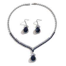 Deep Blue Glass Crystal Rhinestone Teardrop Necklace Earrings Jewelry Set