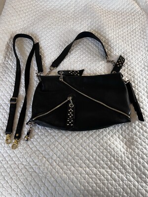 Rare  Medea Italy Pebbled Black Leather Purse With Brass Zippers And Studs