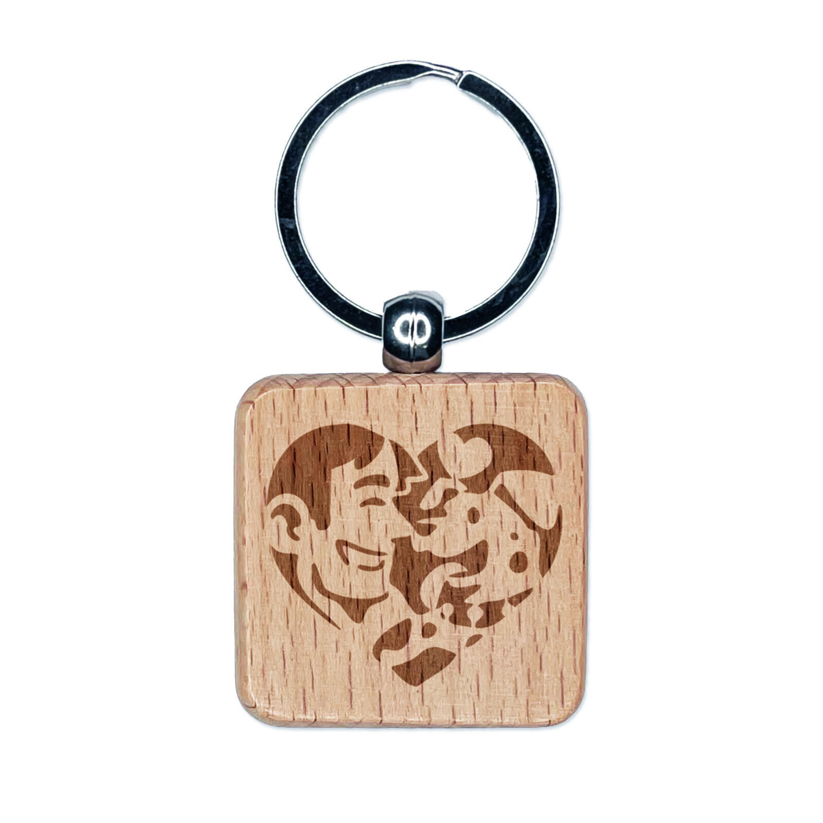 Man with Dog Puppy Pet in Heart Engraved Wood Square Keychain Tag Charm