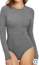 MANGOPOP Women's Size Small Grey Crew Neck Long Sleeve Snap Crotch Bodysuit