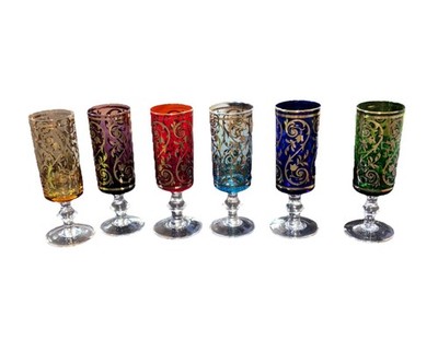 Set Oh 6 Vtg Cordial Glasses Gold Colored Rim Scroll Design Some Visible Wear