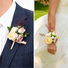 Wedding Corsage and Boutonniere Set, Artificial Wrist Corsage and Groom Bouto...