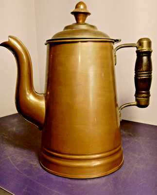 Antique Copper Gooseneck Coffee Pot Wooden Handle 8.5'' Tall