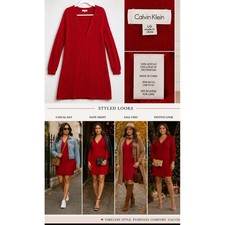 Calvin Klein Red Pointelle Knit V-Neck Sweater Dress Large