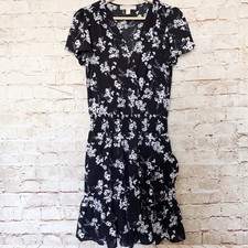 Michael Kors Womens Floral Smock Waist Wrap Ruffle Dress Size S Black White