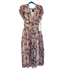 ASHRO Women's 2X Midi Dress Geometric Print Sheer Overlay V Neck Career