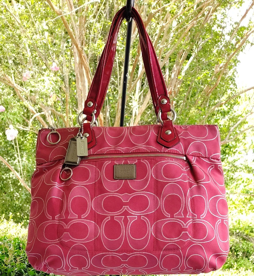 Coach XL 17890 Poppy Ruby Pink Signature C Canvas Tote With Leather Trim