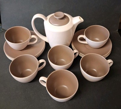 Vintage Poole Keramik Twintone Sepia & Pilz Streamline Espresso Kaffee Set