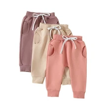 3 Pack Baby Girl Spring Cotton Long Pants Solid Color Elastic Waist Jogger Pa...