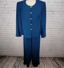VTG Leslie Fay Blue 2 Piece Outfit Set Suit Petite Jacket 10P Pant 12P 28x27.5