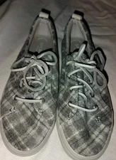 Sperry Top-Sider Womens Boat Shoes Sz 8 Gray Plaid Wool Tie Leather