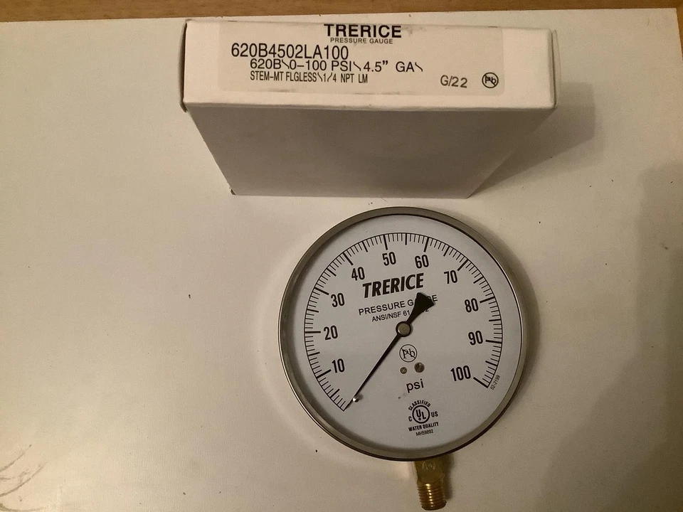 TRERICE 620B4502LA100 / 0-60 PSI PRESSURE GUAGE / 4.5" FACE / 1/4 NPT / NEW🇺🇸 - Image 2 of 4