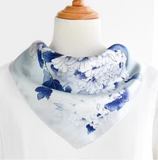 100% Silk 20" small square Scarf Women neckerchief Wrap floral blue white MY154