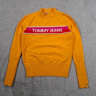 Tommy Jeans Pullover Damen Small Gelb Logo Strick Sweatshirt Baumwolle Cropped