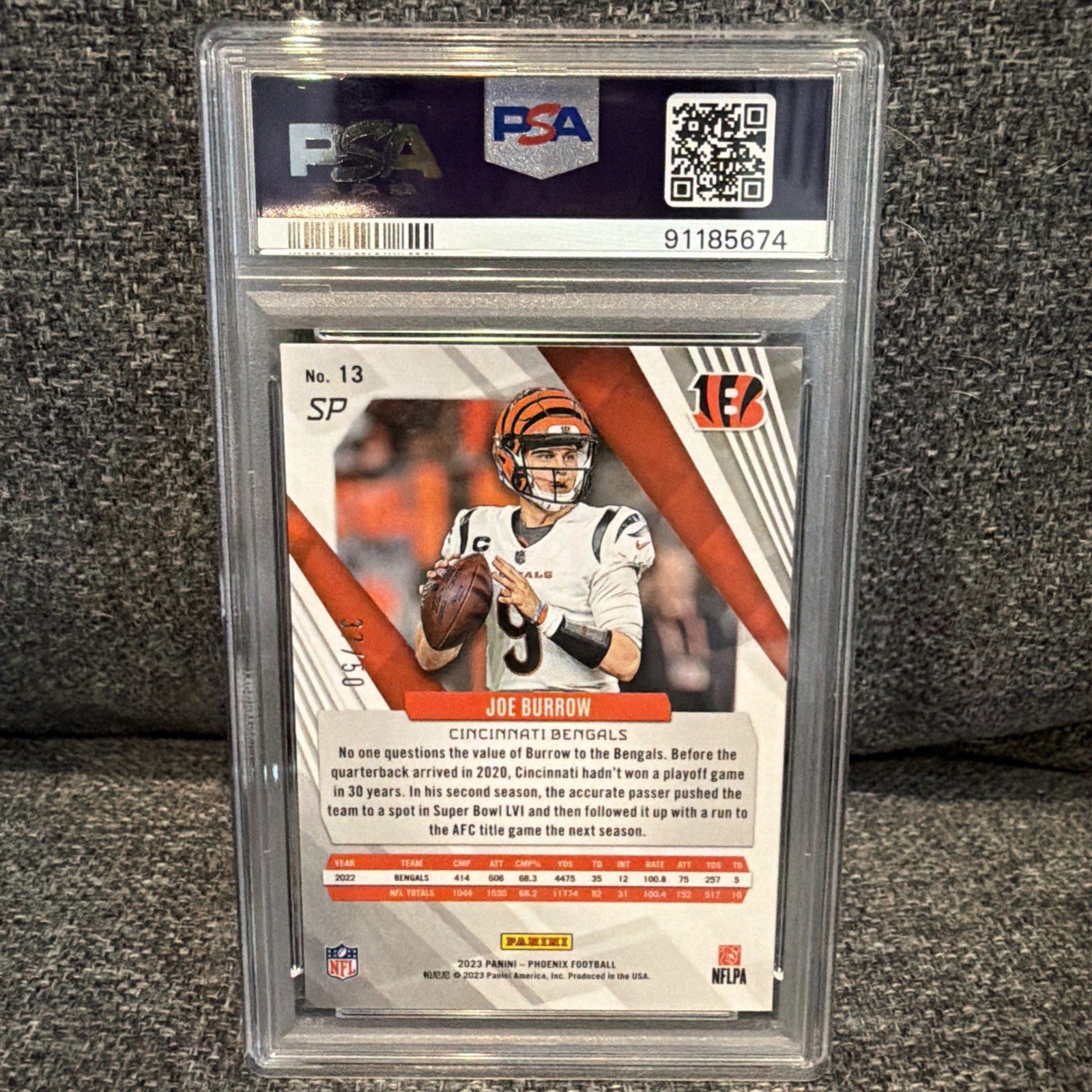 2023 Panini Phoenix SP Yellow #13 Joe Burrow Cincinnati Bengals 37/50 PSA 10 view 3