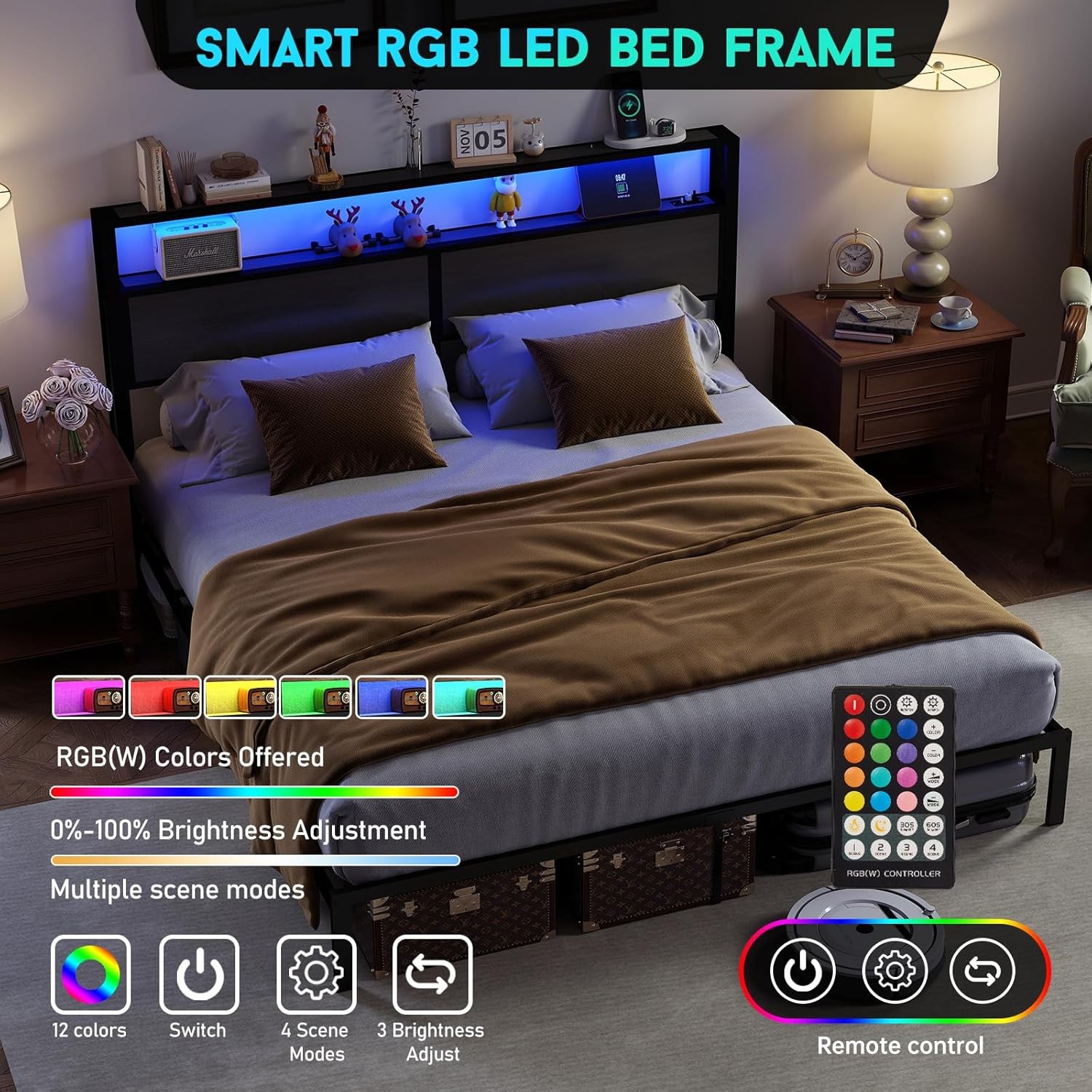 Bed Frame with Headboard, Metal Platform LED Lights & Charging Station