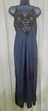 Vtg Soft Moments NY Long Nightgown Black Gold Nylon Lace Bodice Slit Md
