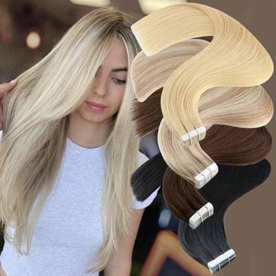 Invisible Tape In Skin Weft 100% Human Remy Hair Extensions THICK Full Head 150g