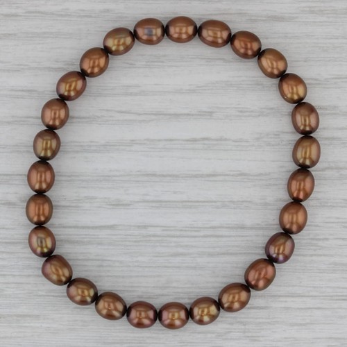 Bronze Brown Cultured Pearl Single Strand Bead Bracelet 7" Stretch Band - Afbeelding 2 van 5