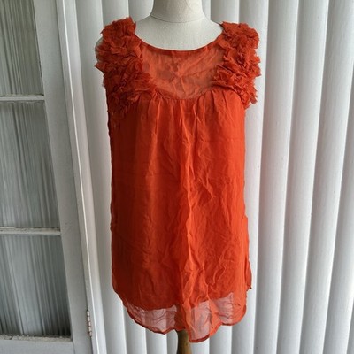 Grace And Favour Blouse Women we Orange Silk Sleeveless Ruffle Sheer Lined Front