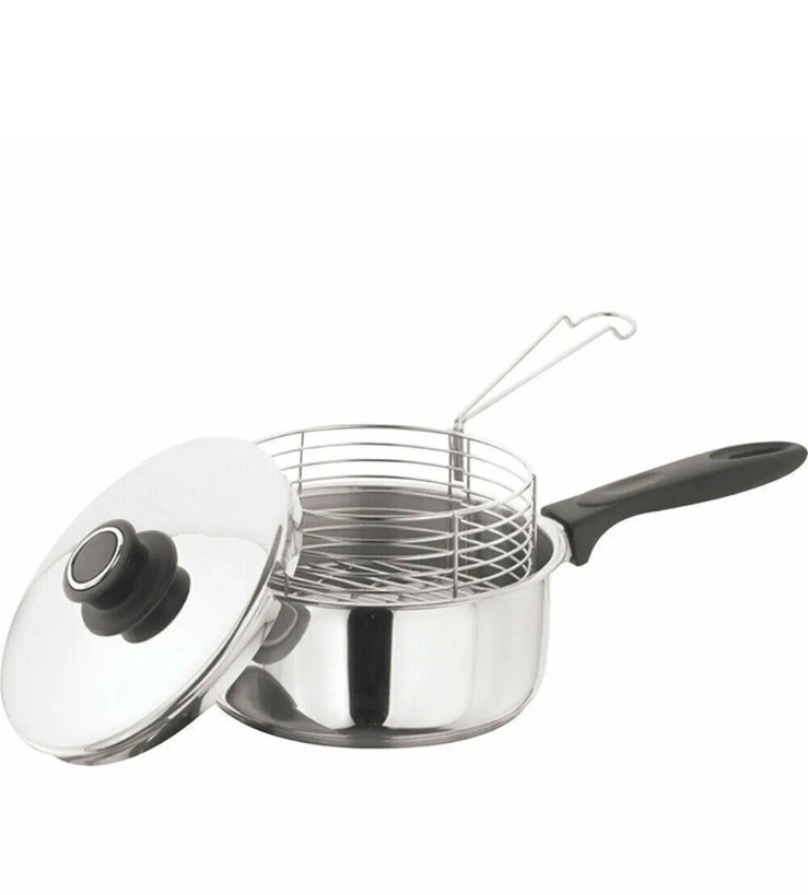 20CM 3PC DEEP FRYER INDUCTION CHIP PAN SET STAINLESS STEEL POT+LID