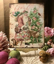Pink Santa, Shabby Chic Christmas, Noel Deer, Squirrel Handcrafted Plaque / Sign