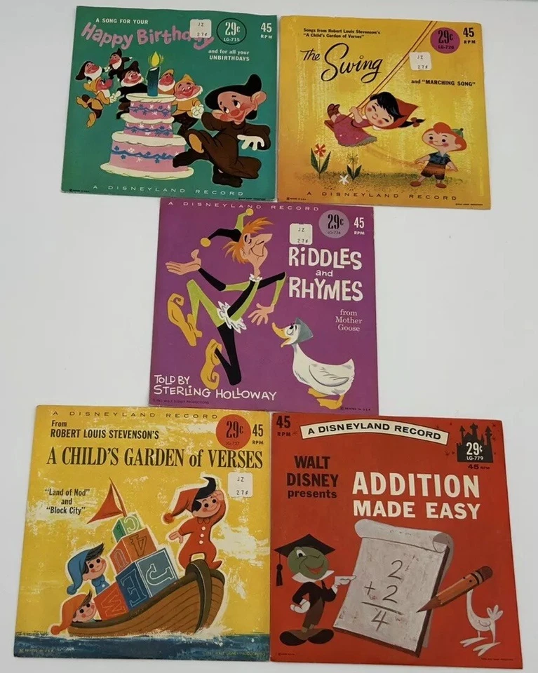 5 Disney 45rpm Records LG715 720 726 727 779 Birthday Swing Riddles Verses Math Foto 2 de 4