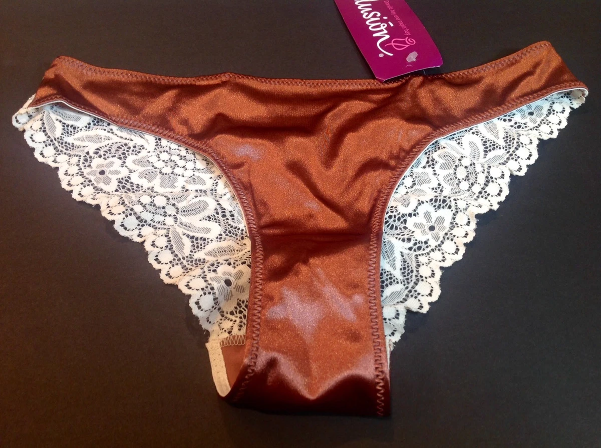 Women Panties Bikinis ILUSION Size XL Brown Garnet Satin&floralFishnet  SoftSilky