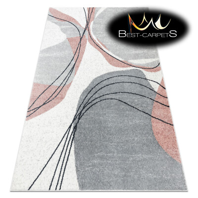 Hochwertiger moderner Design Teppich FUSION 5868 weiß / dunkelrosa - Linien, Abstraktion