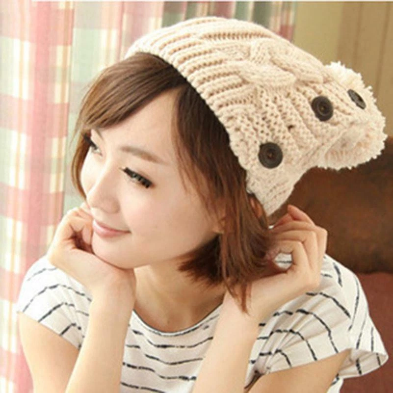 Lindos sombreros de esquí cálidos de lana tejida de invierno para mujer con tres botones  Foto 4 de 4