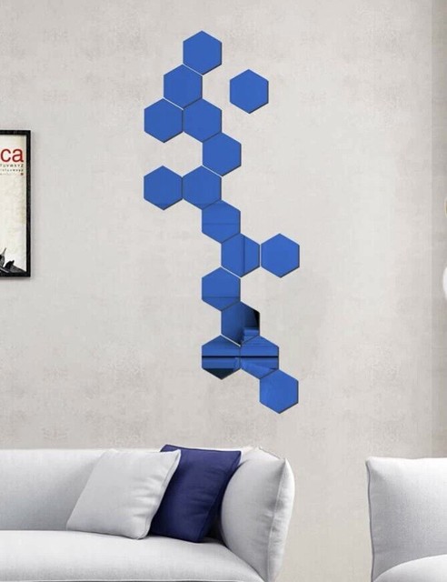 New 12pc Blue Reflective Mirror Hexagon Wall Art Decor Acrylic Decal Stickers For Sale Online