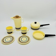 Vintage Chilton Toys Dishes Play Food Plates Pitcher Pans With Lid Blue Brown