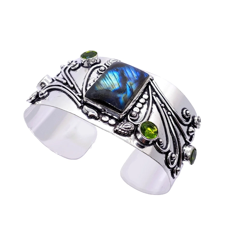 925 Sterling Silver Labradorite & Peridot Gemstone Jewelry Cuff Bracelet - Image 2 of 4