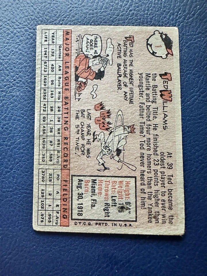 1958 Topps #1 Ted Williams en muy buen estado+ Medias Rojas de Boston Foto 2 de 3