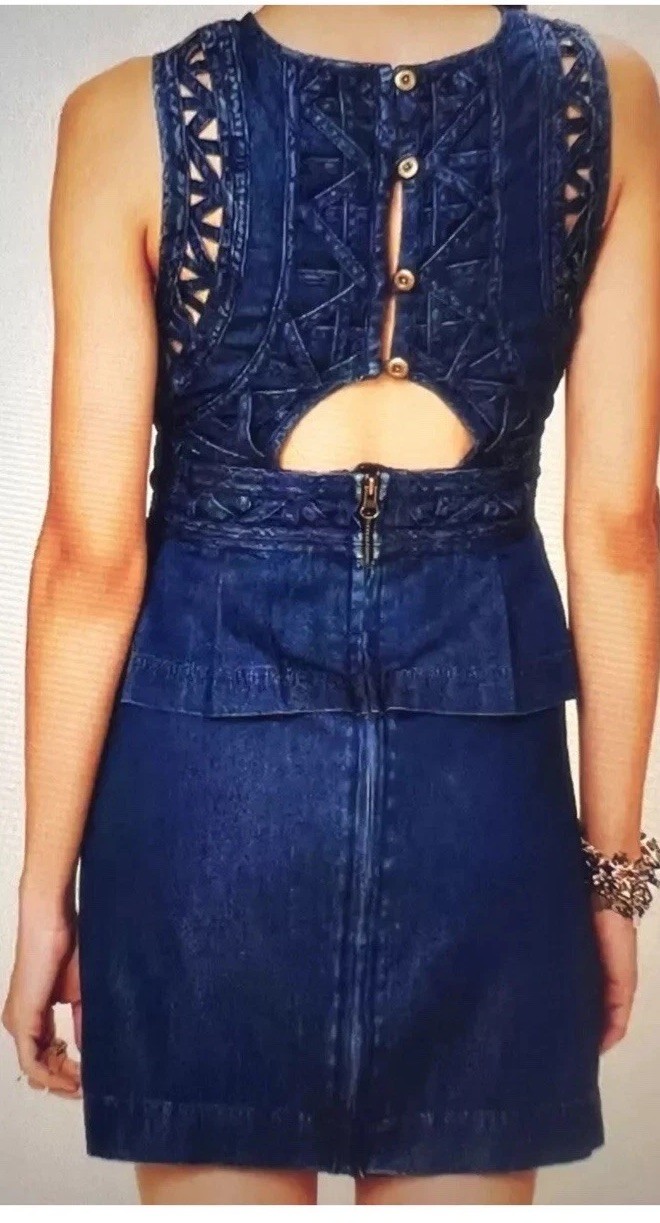 Free People New Romantics Denim Peplum Mini Dress Size 4 Cut Out Back Detail DD