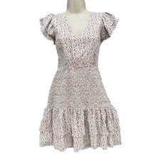 Sugar Lips Floral Smocked Mini Dress White Red Layered Flutter Sleeve Size M