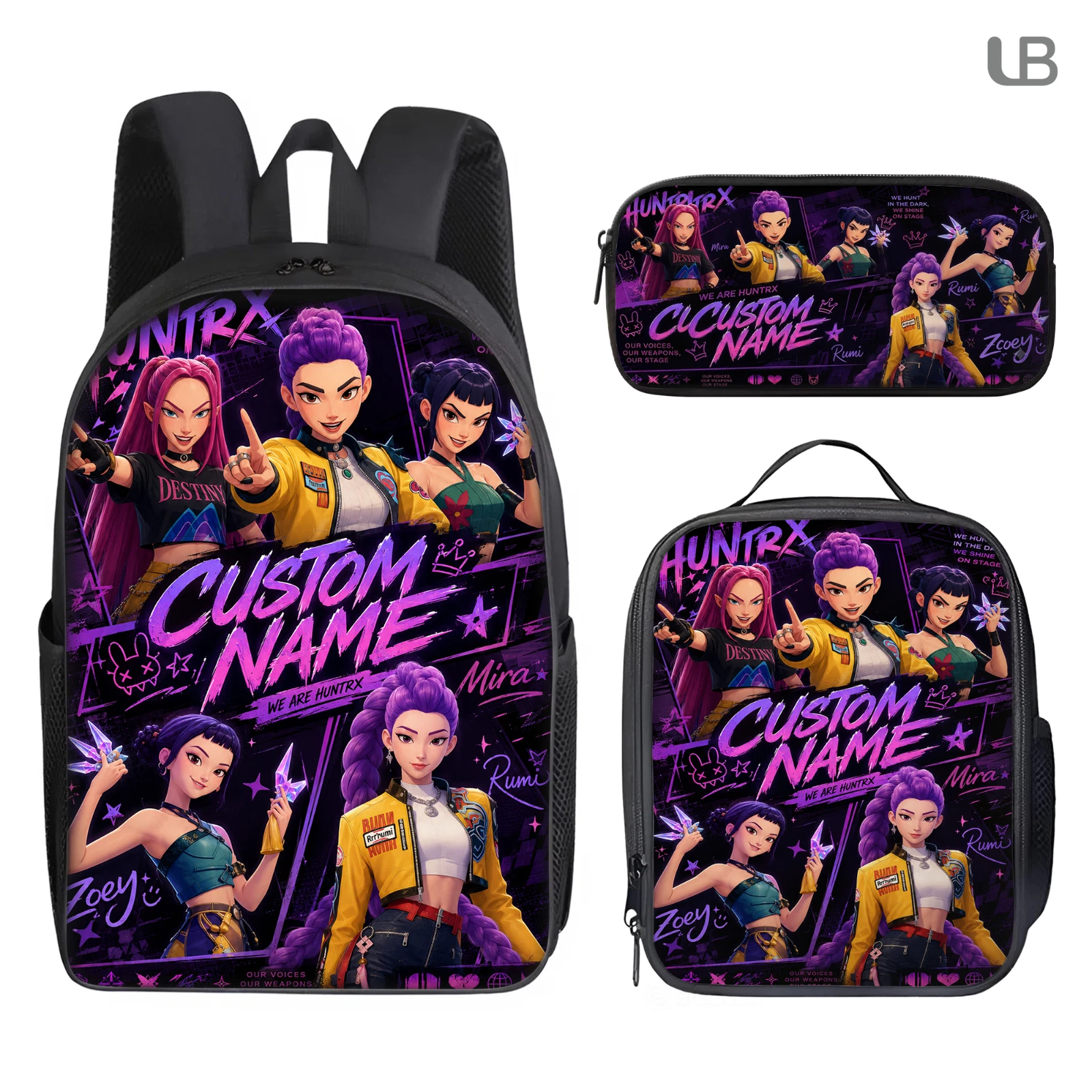 Custom Name Fantasy Music Girl Backpack Lunch Bag Pencil Case Set