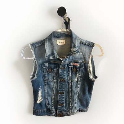 HUDSON Blue Sleeveless Vest Frayed Edges Button Closure Pockets