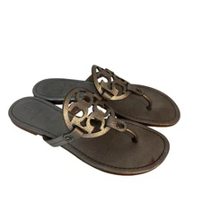 Tory Burch Miller Sandals Pewter Metallic Gray Leather Thong Women’s Size 9M