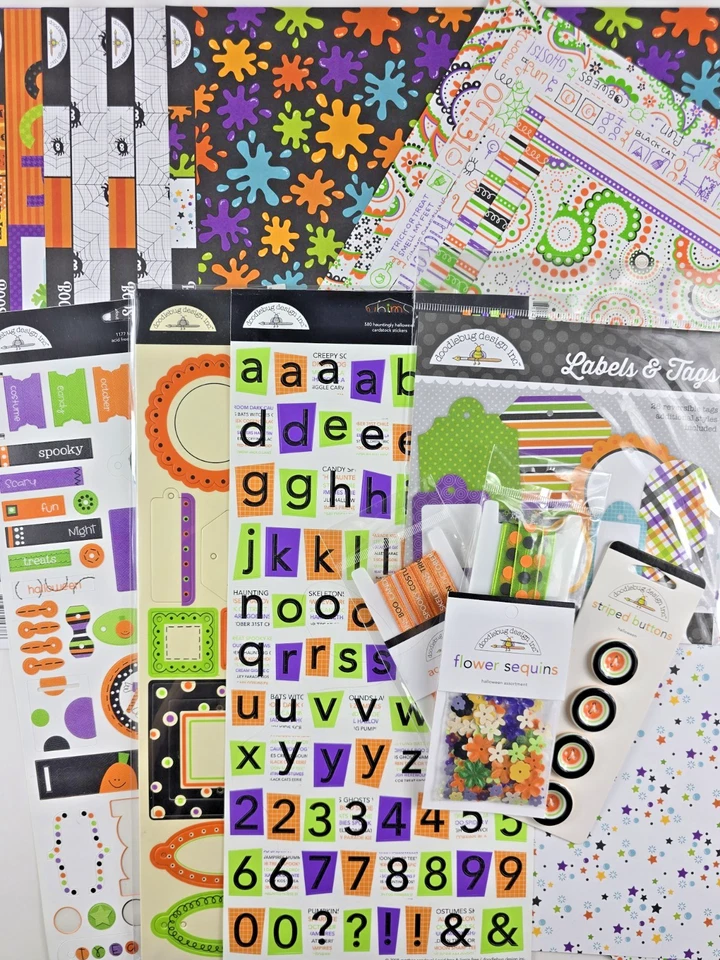 DOODLEBUG Scrapbook HALLOWEEN LOT - Paper Stickers Sequins Buttons Tags Elements - Image 3 of 4