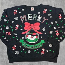Vintage Holiday Time Merry Christmas Snowman Sweatshirt Black Large Made in USA