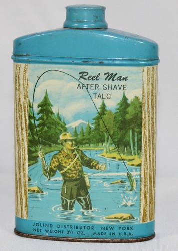 Antique Reel Men After Shave Talc Tin Litho Talcum Powder Can Fly Fishing Cabin