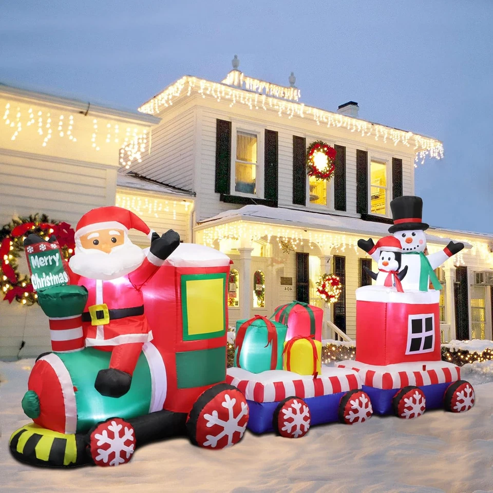  Aufblasbarer Weihnachtszug mit Weihnachtsmann-Schneemann-Pinguin LED-Licht
