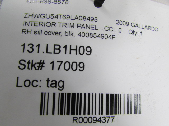 Lamborghini Gallardo RH, Right Sill Cover Panel, Black Leather, P/N 400854904F
