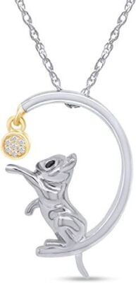 Natural Diamond Accent Two Tone Cat With Ball Pendant Necklace Sterling Silver