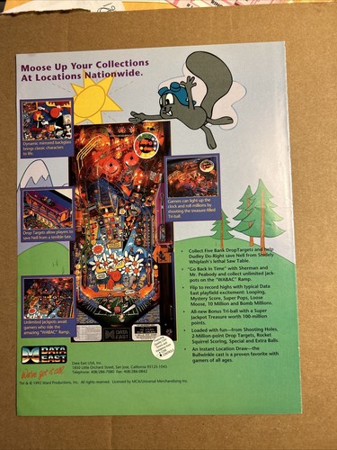 original 1990 ad 11-8 “ Rocky and Bullwinkle data East East Pinball ARCADE GAME - Picture 2 of 2