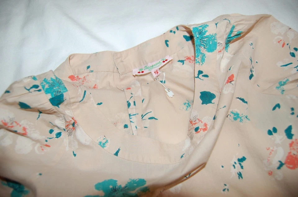 Bonpoint Girls Top Shirt Size 12 Cotton Beige/Turquoise/Orange Short Sleeve - Image 3 of 4