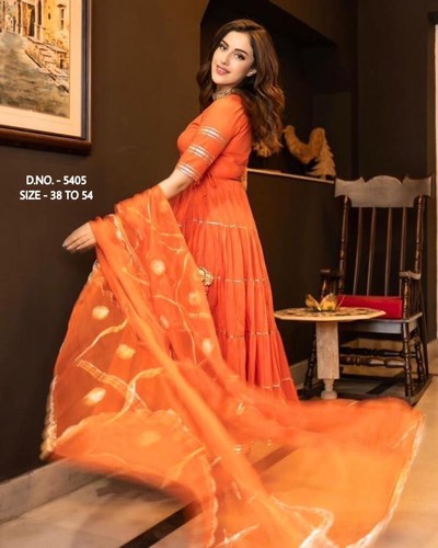 Designer Women Indian Orange Anarkali Rayon 3 Piece Readymade Eid Salwar Kameez - Picture 12 of 15