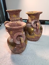 Set Of 3 Vintage Clay Vases with Applied Ring Handles  Brass & Copper Clad 